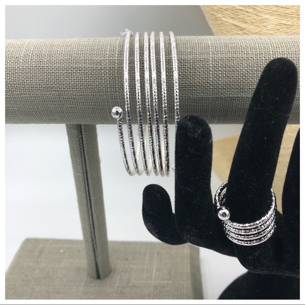 NEW SILVER TONE WRAP BRACELET AND RING SET
